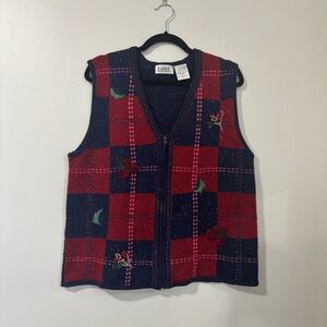 Tabi International Plaid Knit Zip-Up Vest Embroidered Berry Detail